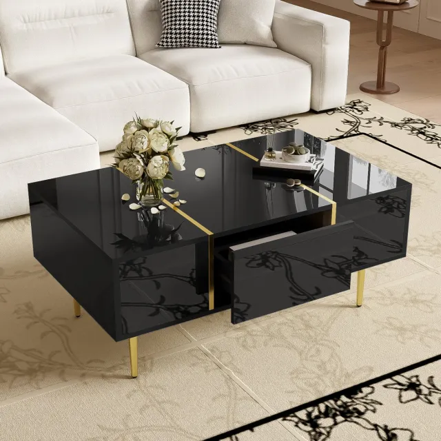 MEUNIQ Salontafel 100 x 60 x 41,5 cm met 2 lades, hoogglans zwart, goudkleurige metalen accenten en 19,5 cm vrije ruimte voor woonkamer
