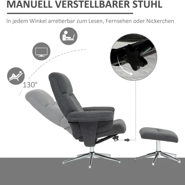 HAUSS SPOLE Relaxfauteuil Met Hocker - Handmatig Verstelbare Rugleuning Tot 130 Graden - Voor Woonkamer En Slaapkamer - Stof Donkergrijs