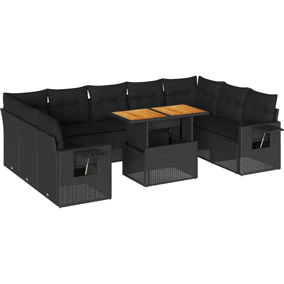 vidaXL 10-delige Loungeset met kussens poly rattan zwart, foto 3