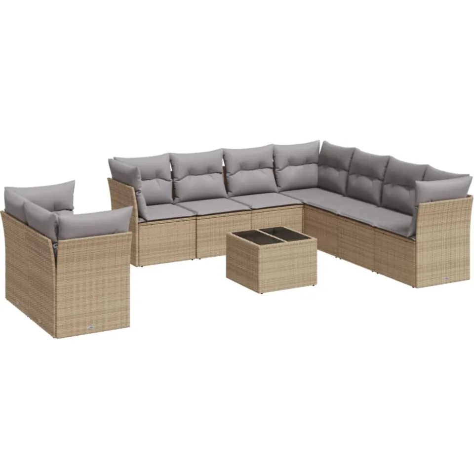 vidaXL 10-delige Loungeset met kussens poly rattan beige, foto 3
