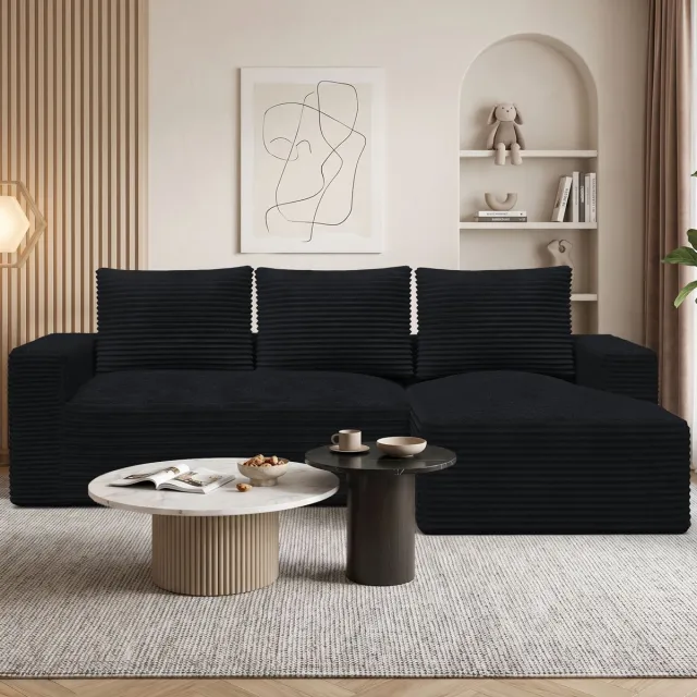 Xbro Modulaire L-Hoekbanken van 240 cm van corduroy – vrij te combineren bankmodules – zakvering en hoogwaardige schuimvulling – afneembare, wasbare bekleding – antisliponderkant – draagvermogen van 150 kg per zitplaats – montagevrije woonkamerbank Zwart
