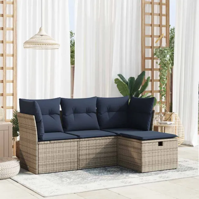 vidaXL 4-delige Loungeset met kussens poly rattan grijs, foto 2