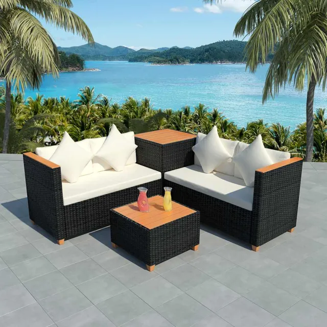 vidaXL 4-delige Loungeset met kussens poly rattan zwart, foto 2