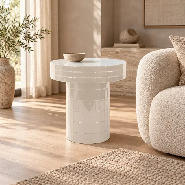 Fameilleur Bijzettafel Wit Beige Ø 48,5 x H 51,5 cm – Ronde Design Tafel met Glazen Tafelblad en Metalen Onderstel – Moderne Salontafel, Koffietafel, Sidetable, Nachtkastje en Accenttafel- metalen bij zet tafel, bijzet tafel met glazen blad
