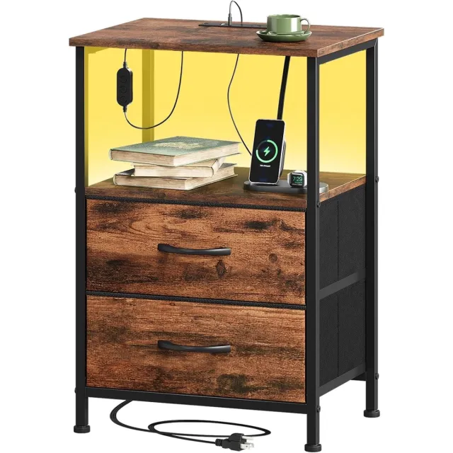 Vellaro Bijzettafel set - Houtlook - 30D x 40B x 60H cm - Met stoffen laden en oplaadstation - Voor slaapkamer en woonkamer