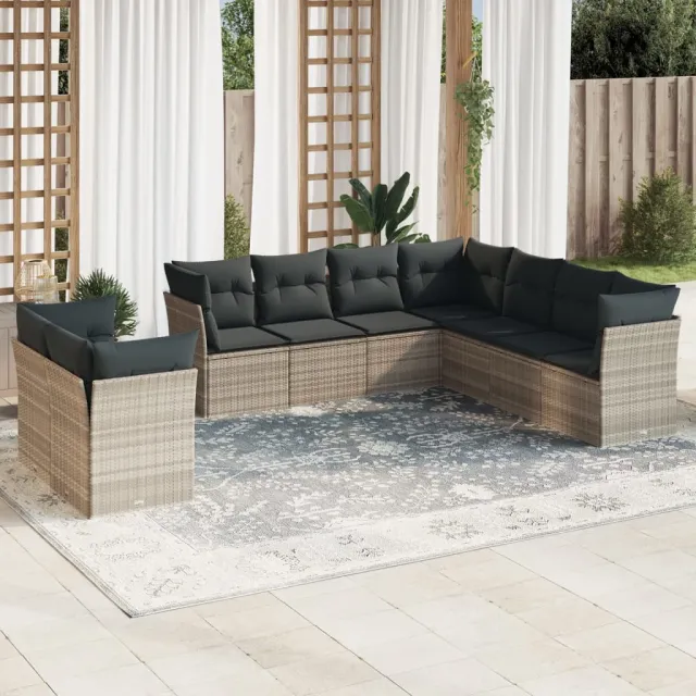 vidaXL 9-delige Loungeset met kussens poly rattan lichtgrijs grijs, foto 2