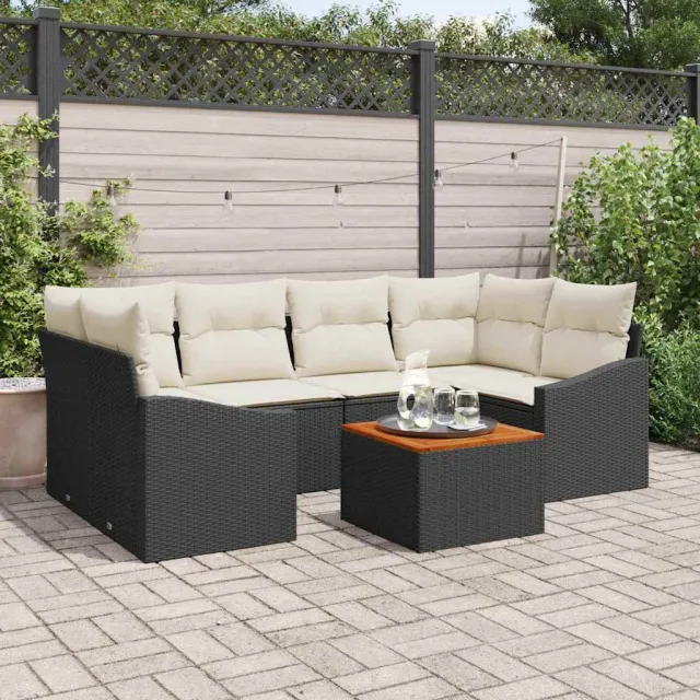vidaXL Tuinbankenset 7 st Zwart en Crème poly rattan, foto 2