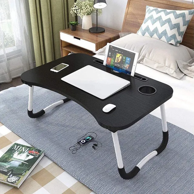 Eleganca Opvouwbare Laptoptafel – B60xD40xH27 cm – Stevige bedtafel – Klaptafel met tablethouder, lade en bekerhouder – Bruin/Wit/Zwart