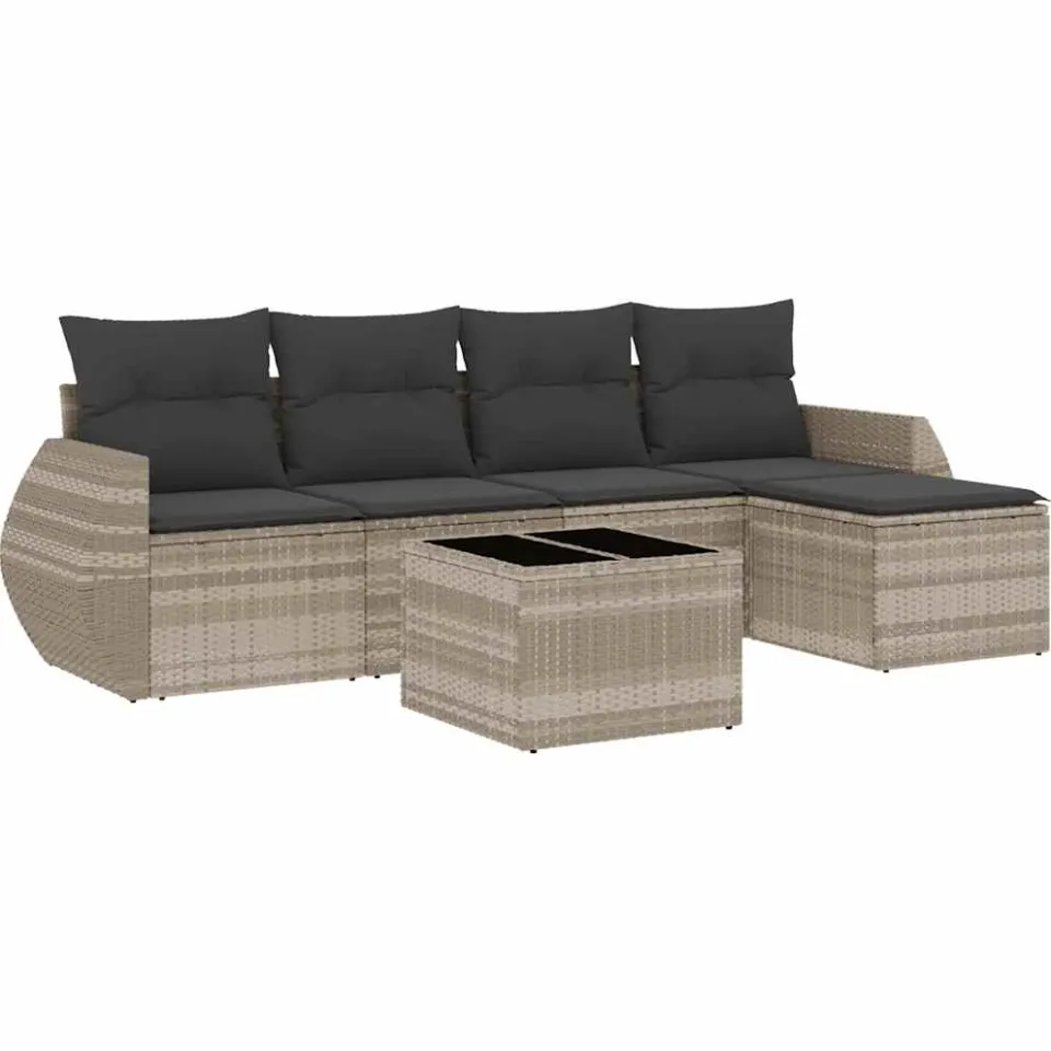 vidaXL 6-delige Loungeset met kussens poly rattan lichtgrijs grijs, foto 3