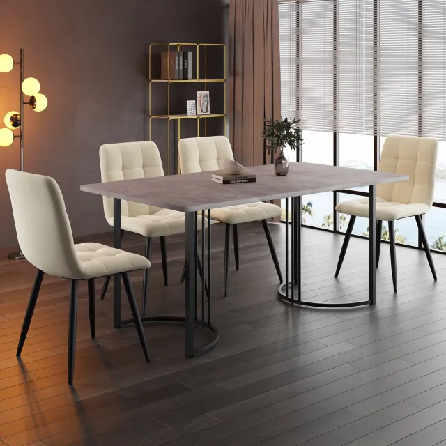 HAUSS SPOLE Eettafelset Met 4 Stoelen - Marmerpatroon Tafelblad - Voor Keuken En Eetkamer - MDF En Metaal - 140x80x75 Cm - Grijs Beige