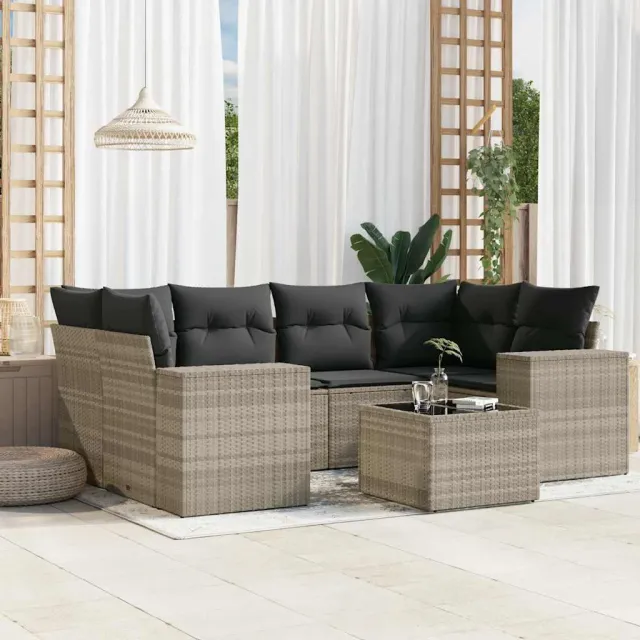 vidaXL 7-delige Loungeset met kussens poly rattan lichtgrijs grijs