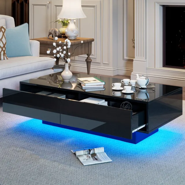 DESMIU Salontafel Met Hoogglans Afwerking En Ledverlichting Voor Woonkamer Opbergmeubel Met 2 Lades Zwart 115 X 55 X 34 Cm