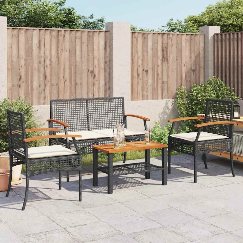 vidaXL 4-delige Loungeset met kussens poly rattan zwart, foto 2
