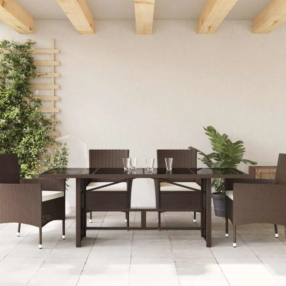 vidaXL Tuintafel met glazen blad 190x80x75 cm poly rattan bruin, foto 3