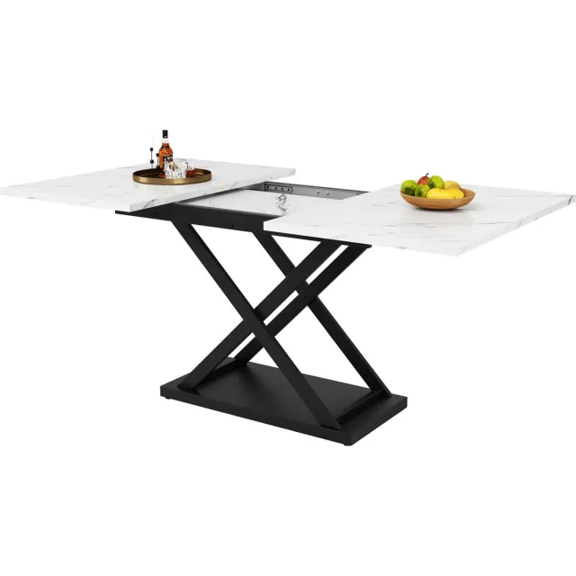 Merax Uitschuifbare Eettafel 120-160x80 cm - Moderne Tafel met Kruisvormige Zwarte Metalen Poten - Marmerlook Tafelblad - Voor Keuken en Woonkamer - Wit Wit; Zwart