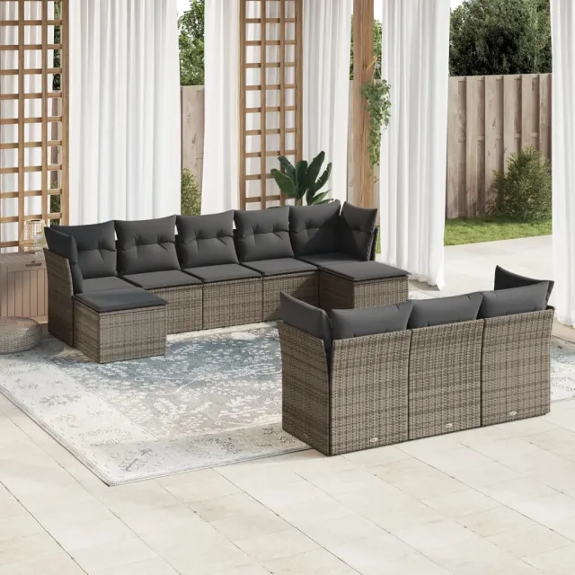 vidaXL 10-delige Loungeset met kussens poly rattan grijs, foto 2