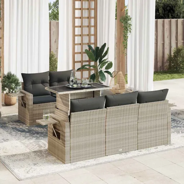 vidaXL 6-delige Loungeset met kussens poly rattan lichtgrijs grijs, foto 2