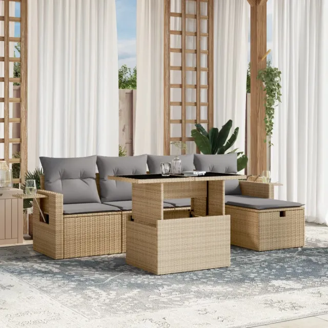 vidaXL 6-delige Loungeset met kussens poly rattan beige, foto 2