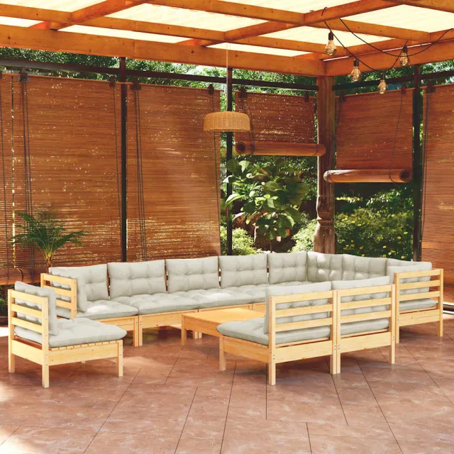 vidaXL 11-delige Loungeset met crèmekleurige kussens grenenhout, foto 2
