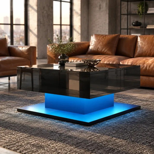 STILVORA Salontafel - Hoogglans Hefblad Met Ledverlichting En Laden - Voor De Woonkamer - MDF En Spaanplaat - 72x72x35 Cm - Zwart