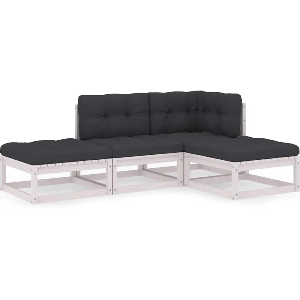 vidaXL 4-delige Loungeset met kussens massief grenenhout wit, foto 3