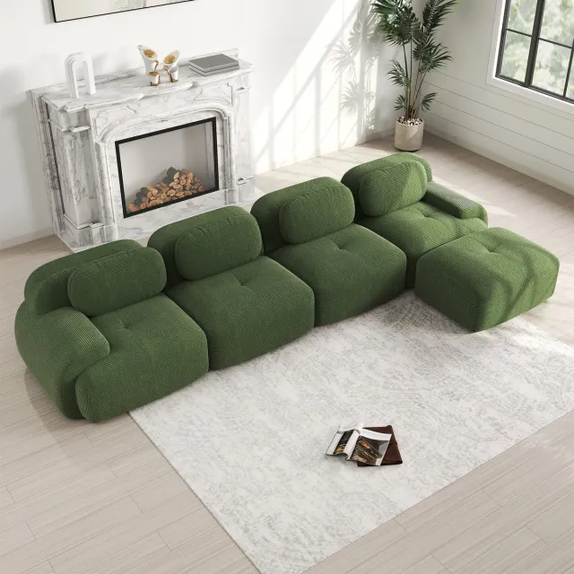 MIVRAY Hoekbank – 4-Zits Modulair Zonder Montage Met Chaise Longue En Brede Armleuningen – Voor Woonkamer En Kantoor – Cord Groen