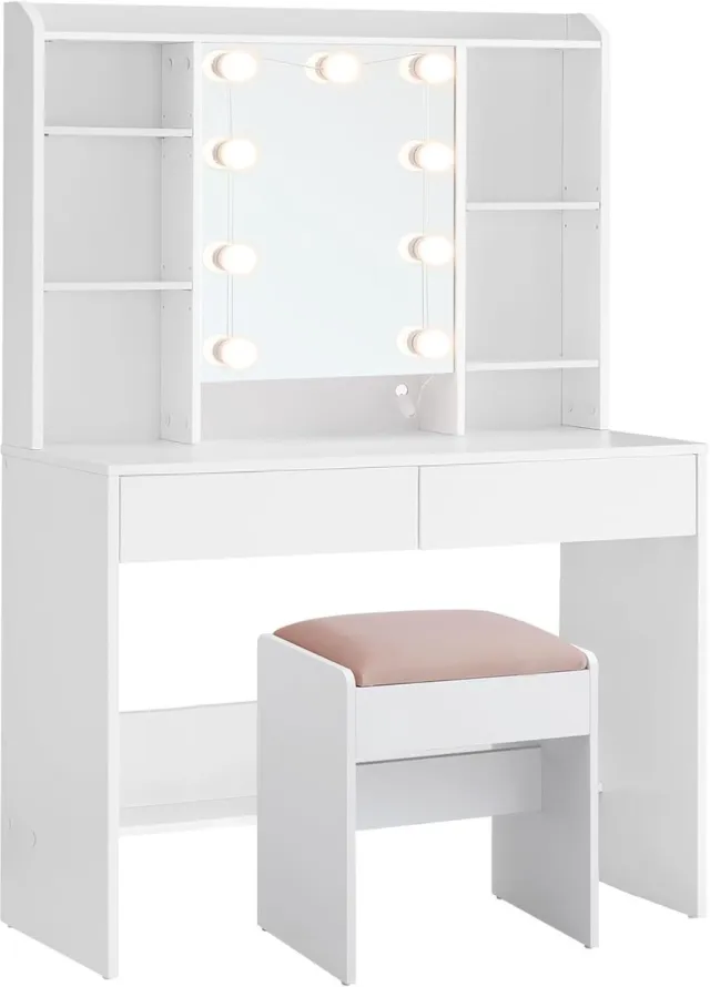 Songmics Kaptafel met verlichting - Regelbare helderheid - Krukje - 40 x 80 x 140 cm - Wit