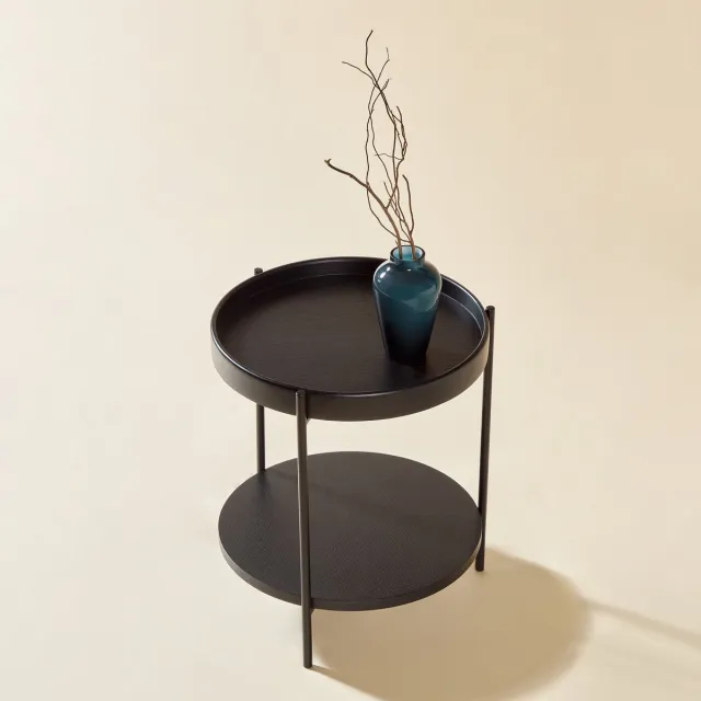 MODENUIT Salontafel - Rond Met 2 Niveaus En Open Onderstel - Voor Woonkamer - Massief Hout En MDF - Zwart - Ø69x38 Cm