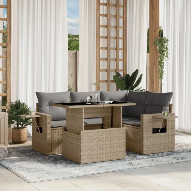 vidaXL 5-delige Loungeset met kussens poly rattan beige, foto 2