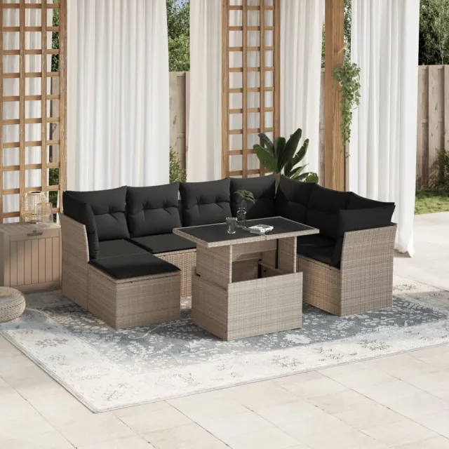 vidaXL 8-delige Loungeset met kussens poly rattan lichtgrijs