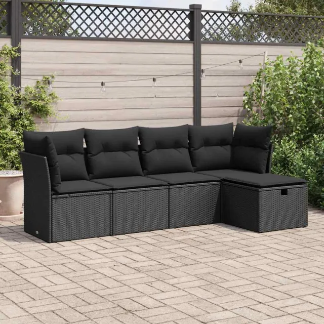 vidaXL 5-delige Loungeset met kussens poly rattan zwart, foto 2