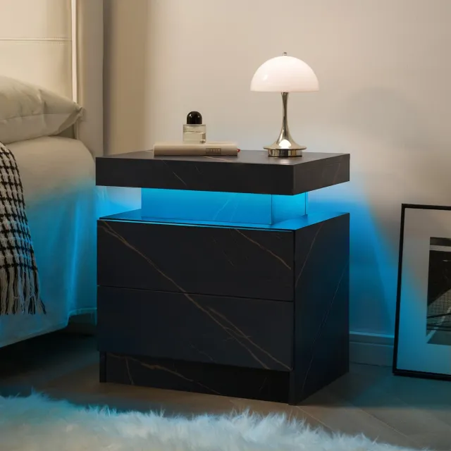 MODENUIT Nachtkastje - Ledverlichting En 2 Lades - Voor Slaapkamer En Woonkamer - Houtcomposiet - Zwart/Goud
