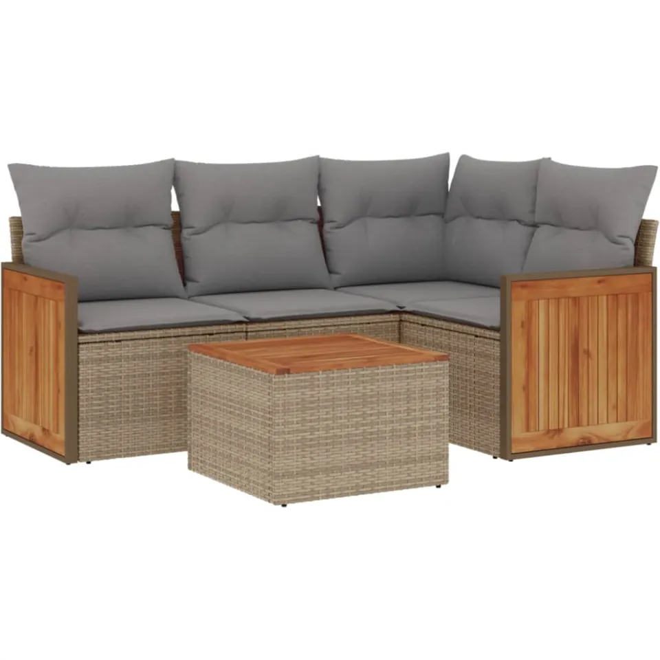 vidaXL 5-delige Loungeset met kussens poly rattan beige, foto 3