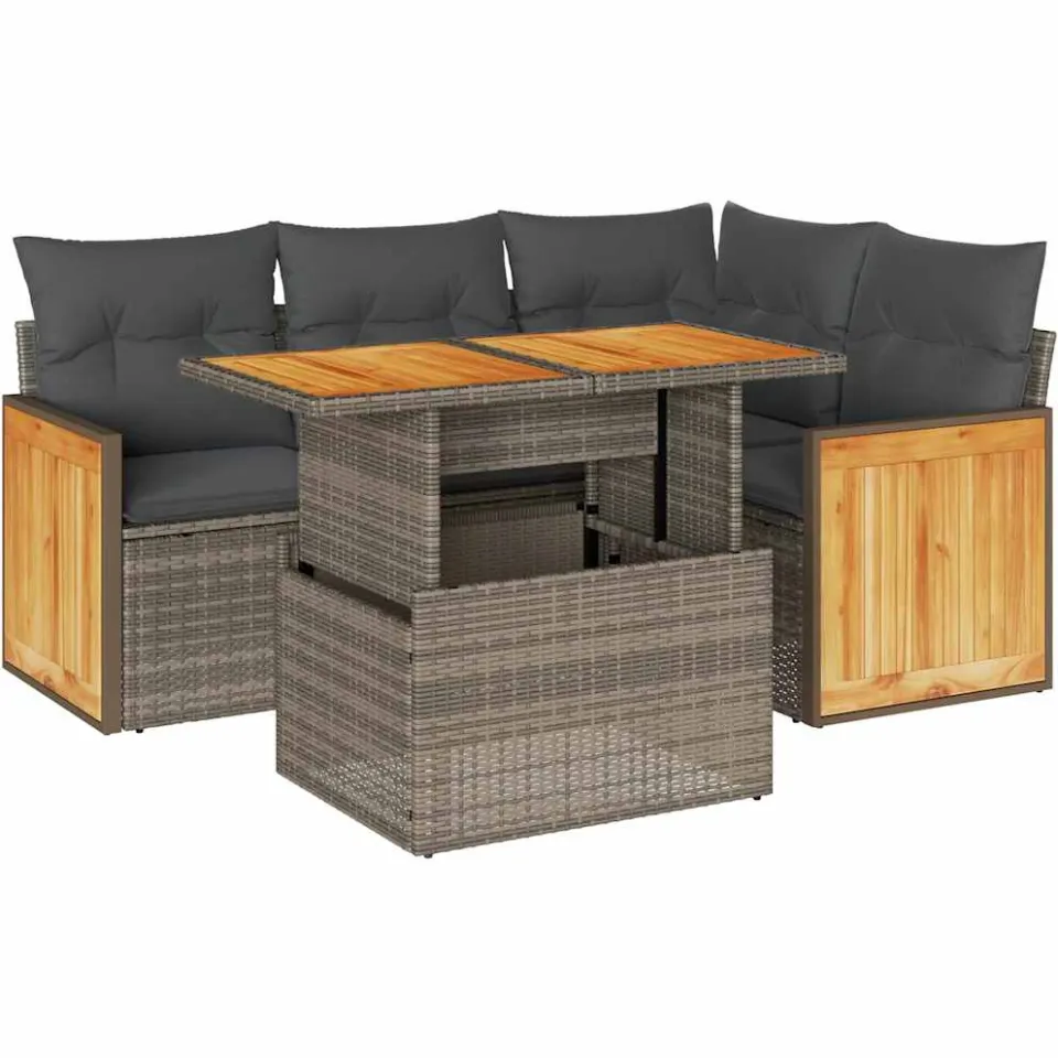 vidaXL 5-delige Loungeset met kussens poly rattan acacia grijs, foto 3