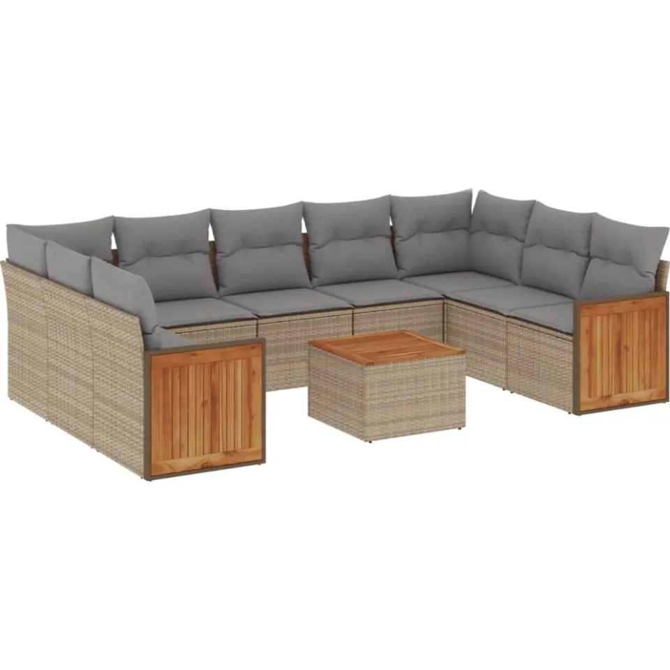 vidaXL 10-delige Loungeset met kussens poly rattan beige, foto 3