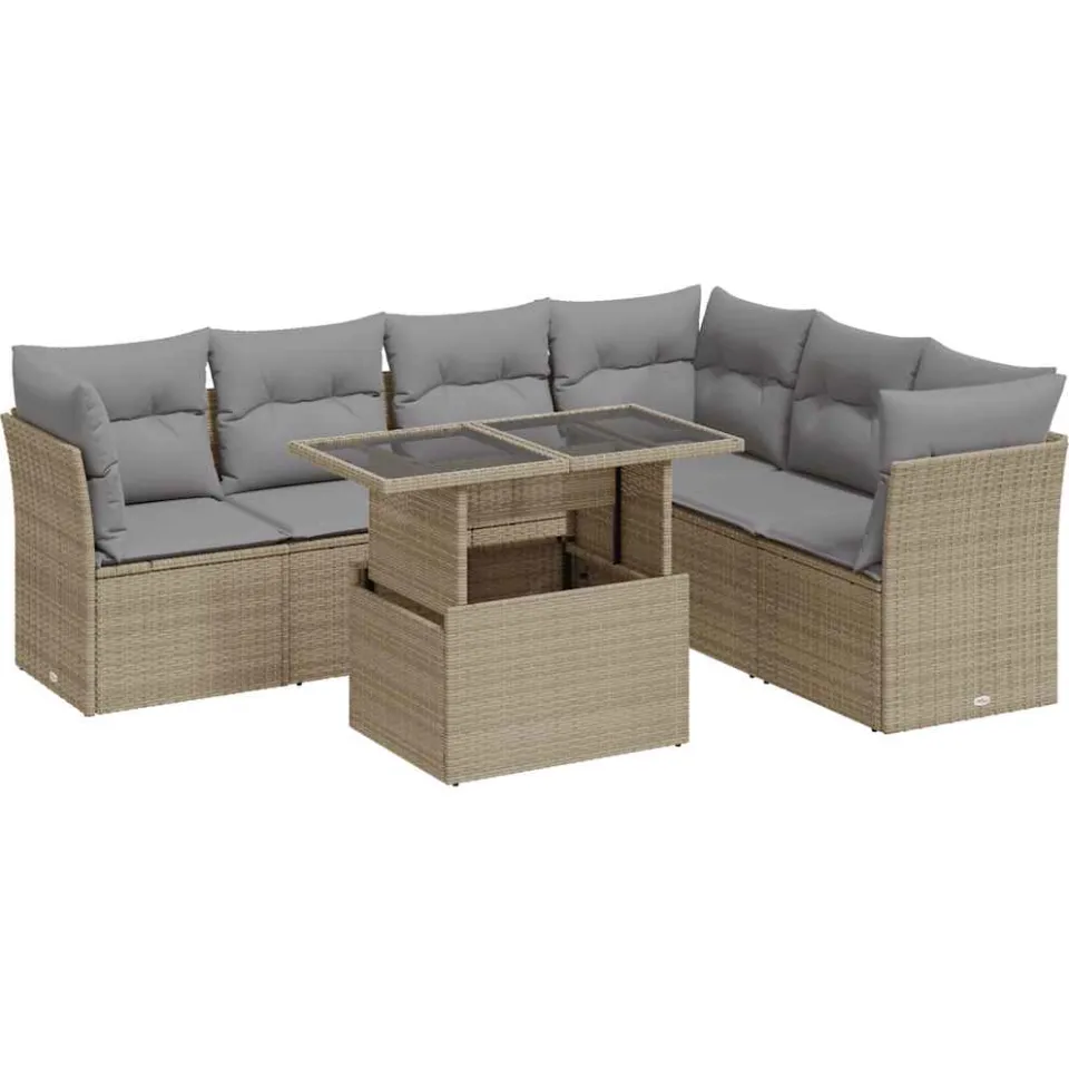 vidaXL 7-delige Loungeset met kussens poly rattan beige, foto 3