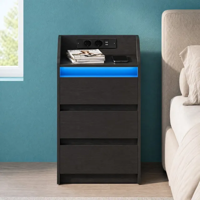 HILINSIE Nachtkastje met 3 Laden - Bijzettafel met Oplaadstation en LED - 2 AC-Stopcontacten en 2 USB-Poorten - voor Slaapkamer en Woonkamer - Zwart