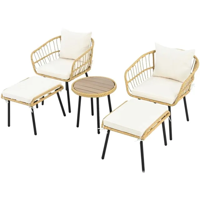 Allero Loungeset - Loungesets - Loungeset Tuinmeubels - Tafel - 2 Stoelen - 2 Krukken - Rotan - Inclusief Kussens - Naturel