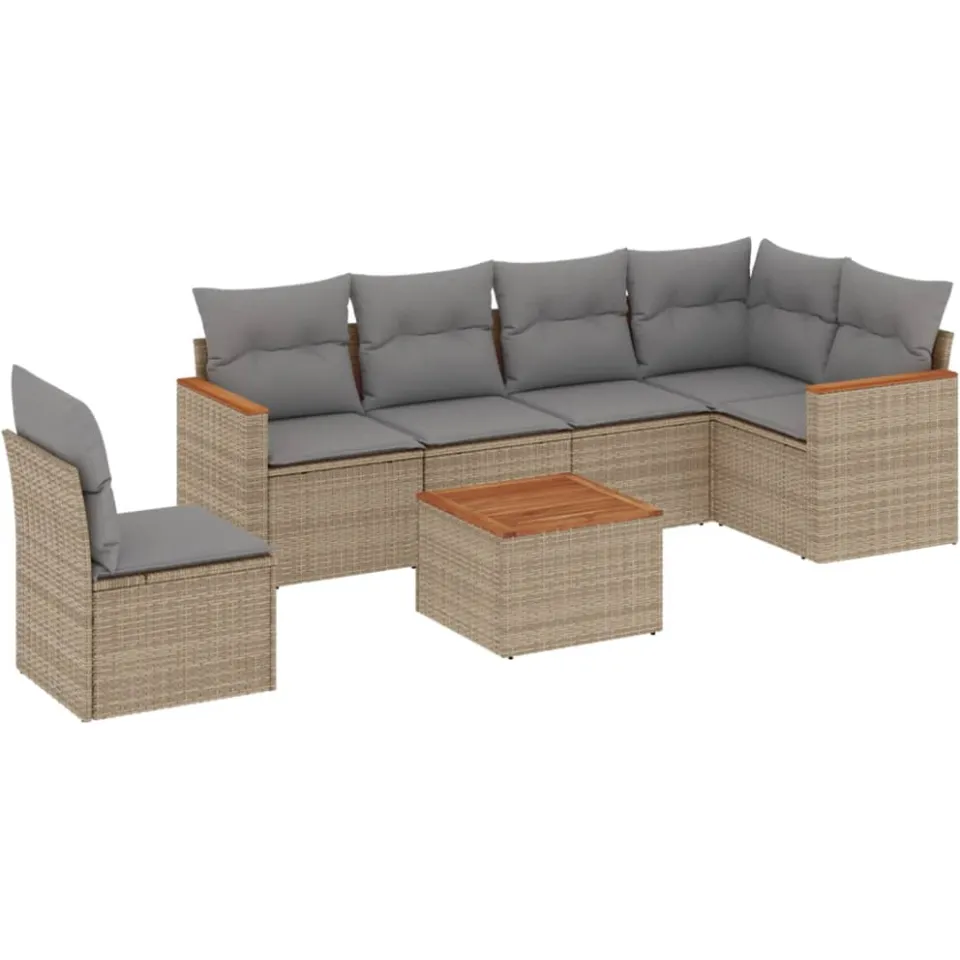 vidaXL 7-delige Loungeset met kussens poly rattan beige, foto 3