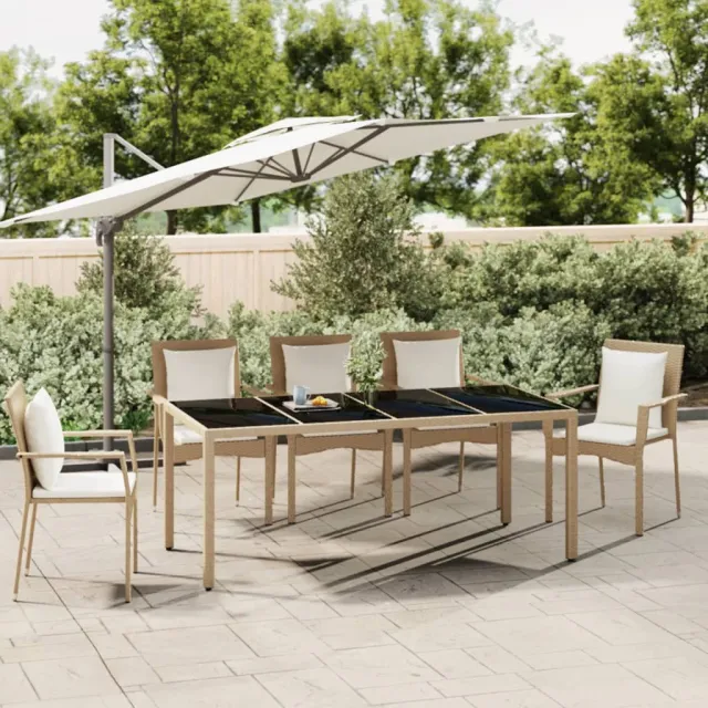 vidaXL Tuintafel met glazen blad poly rattan en gehard glas beige, foto 2
