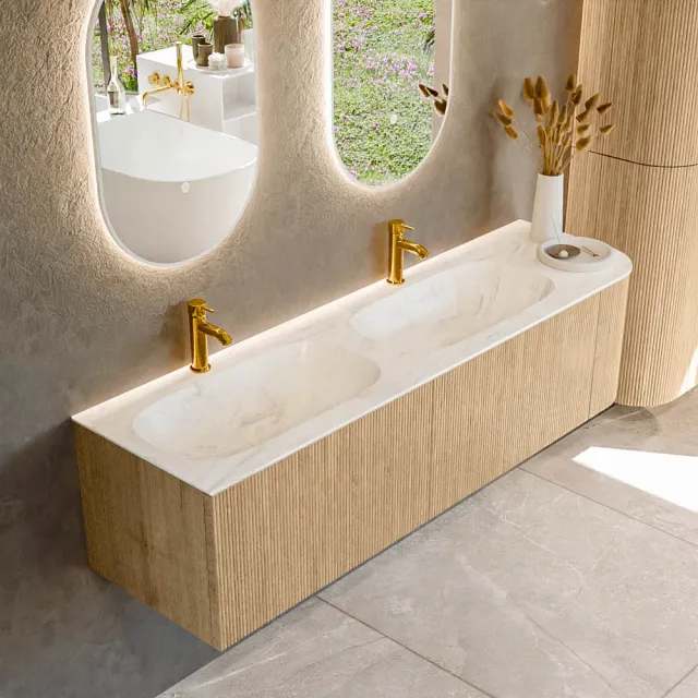 Mondiaz KURVE-DLUX 165 cm Onderkast Greeploos 2 Lades Met Deuren Oak, Wastafel Solid Surface Links Ostra 2 Kraangaten Zonder Spiegel (KRVSTS165R2L1D2KD-Oak/Ost)
