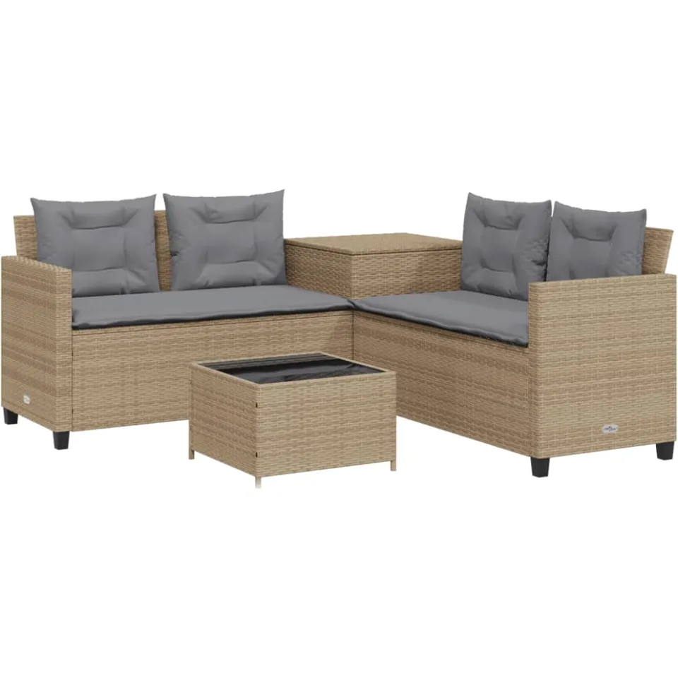 vidaXL Tuinbank met tafel en kussens L-vormig poly rattan beige