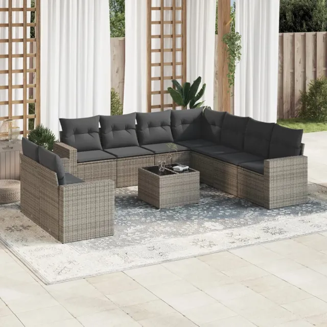 vidaXL 10-delige Loungeset met kussens poly rattan grijs, foto 2