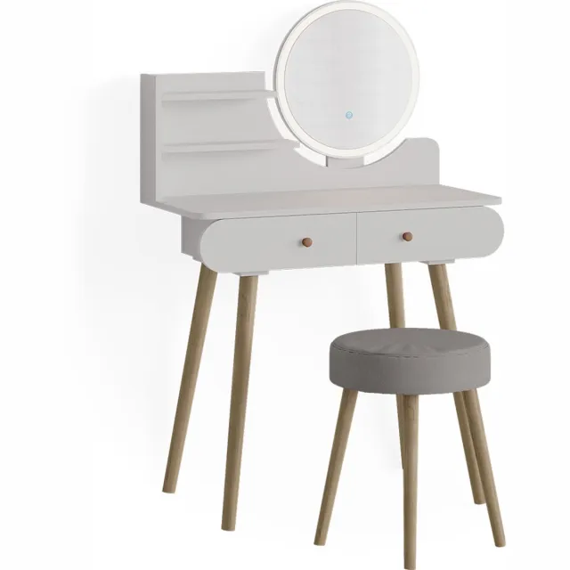 Vicco Kaptafel set met kruk Edda, Wit, 80 cm met LED-spiegel en kruk