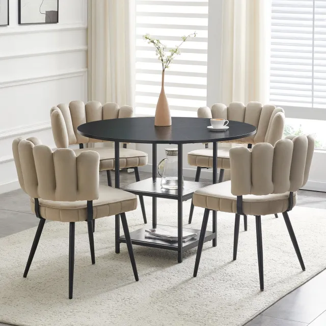 MODENUIT Eettafelset 4 Personen - Ronde Tafel Met Dubbele Opbergniveaus - Voor Kleine Eetruimtes - MDF En Metaal - Zwart Zwart, Lichtbruin