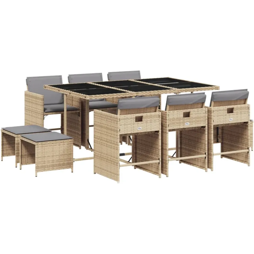 vidaXL 11-delige Tuinset met kussens poly rattan gemengd beige