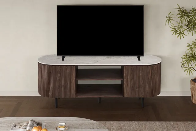Rousseau Tv-meubel Vigo - 160x45x58cm - 2 Deuren - Marmerlook - Rousseau - TV-meubel - Bruin; Beige - Steen; MDF Bruin|Beige