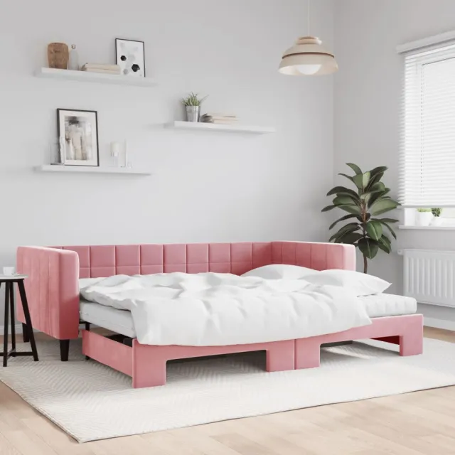 vidaXL Slaapbank onderschuifbed en matrassen 90x200 cm fluweel roze