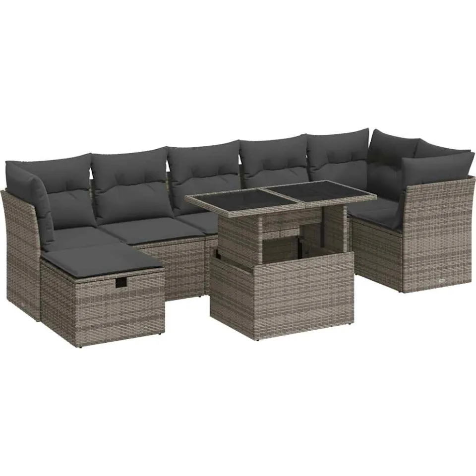 vidaXL 8-delige Loungeset met kussens poly rattan grijs, foto 3
