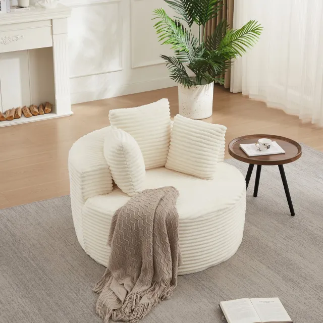 DESMIU Fauteuil 110 Cm - Ronde Corduroy Loungestoel Met 3 Kussens En Brede Armleuningen - Voor Woonkamer, Slaapkamer En Speelkamer - Stof - Beige